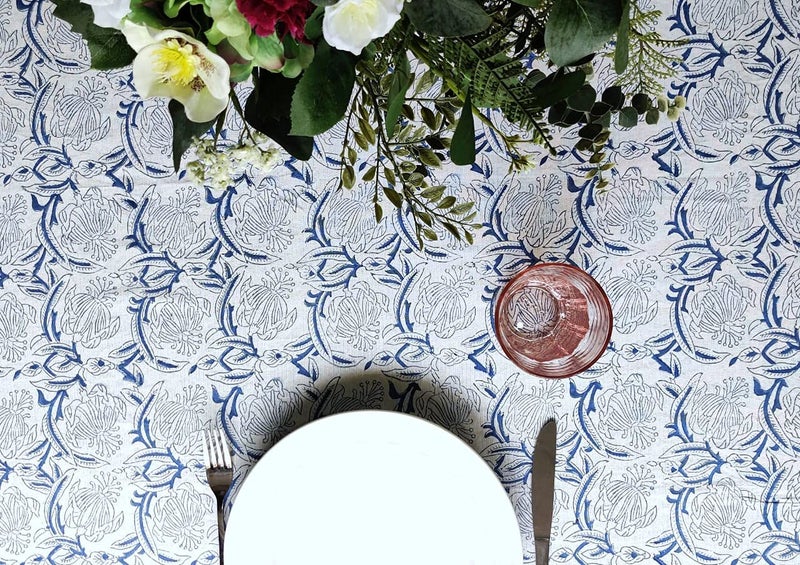 ATOSII Santorini 100% Cotton Fall Tablecloth, Handblock Print Blue Square Table Cloth for Kitchen I Dining Table Linen I Parties Wedding Christmas Thanksgiving I Fall Decor 60 X 60 Inches - Image 4